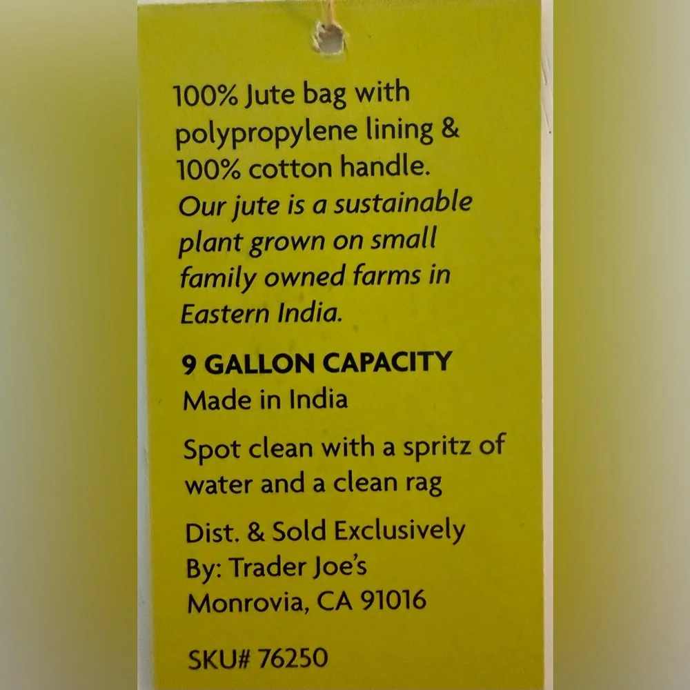 Trader Joe’s Citrus Jute Tote Bag Lemon & Lime 9 Gallon Cotton Handle/NWT - Picture 7 of 7
